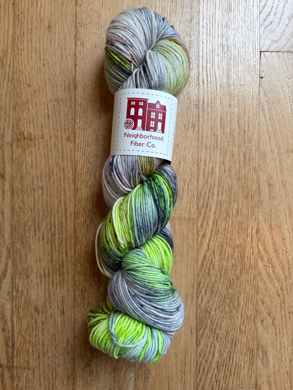 Neighborhood Hand-Dyed Variegated Sock Yarn — Gray, Lime & Neon Green Twist